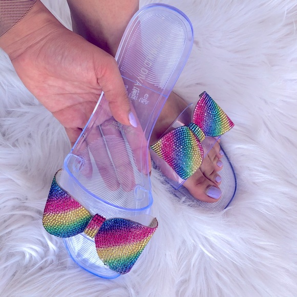 Wild Diva Shoes - Wild Rainbow Tie Dye Jewel Bow Diva Slide Sandal